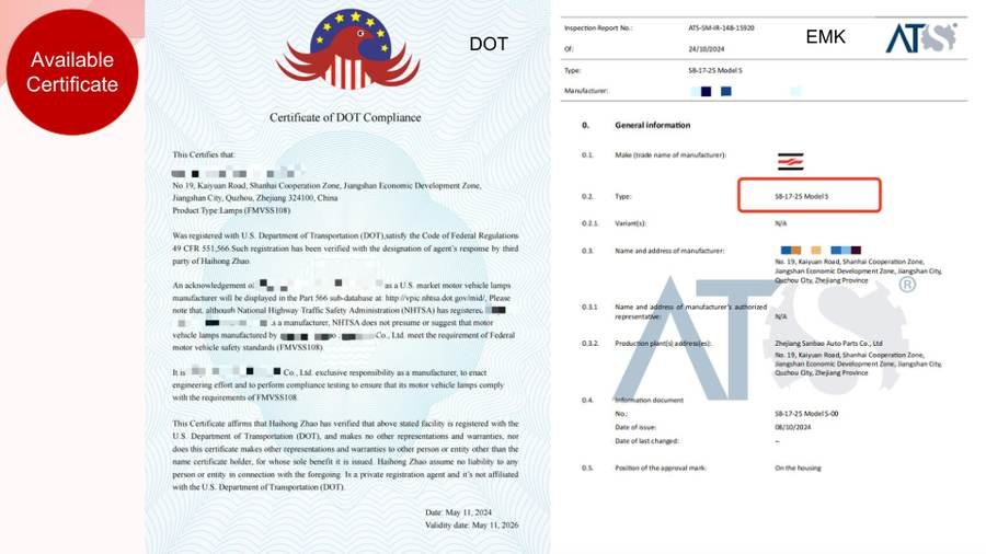 Available DOT and EMK certificate references for Kylin EV Parts products